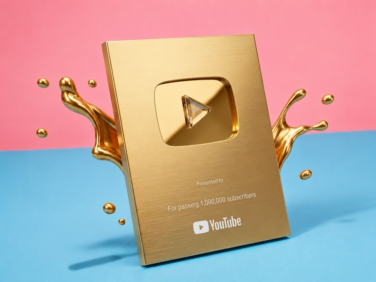 Gold YouTube-style play button plate with liquid metal splash